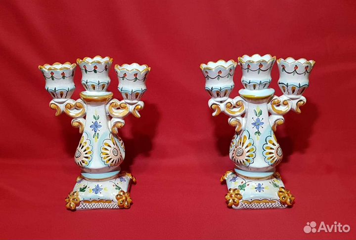Подсвечники парные. Майолика старая Гжель