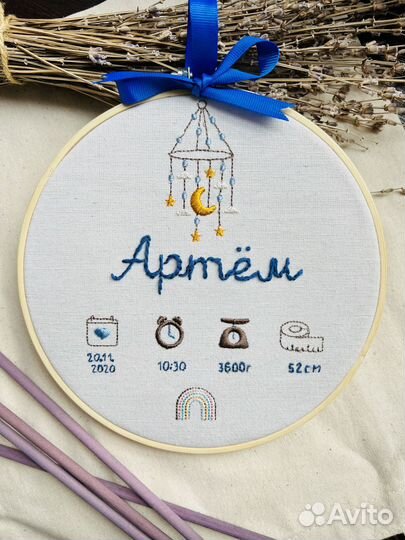 Детская метрика для новорожденного, вышивка