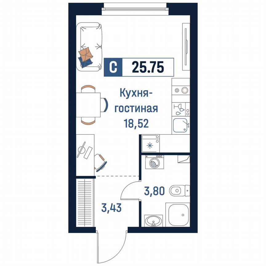 Квартира-студия, 25,8 м², 2/18 эт.