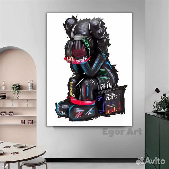 Картина на холсте Bearbrick Kaws в интерьер, офис