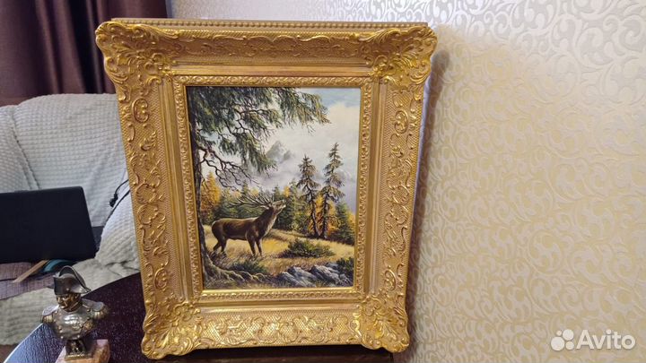 Охота. олень красавец. картина холст. масло