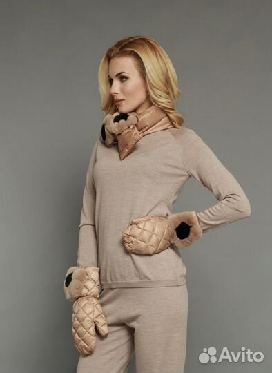 Шарф naumi пуховый бежевый мех кролика беж