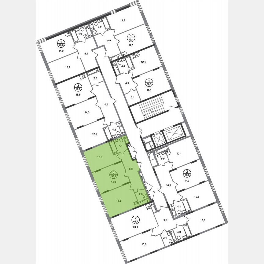 2-к. квартира, 57,1 м², 15/17 эт.