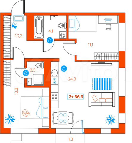 2-к. квартира, 66,6 м², 8/21 эт.