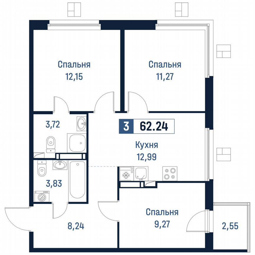 3-к. квартира, 61,5 м², 12/18 эт.