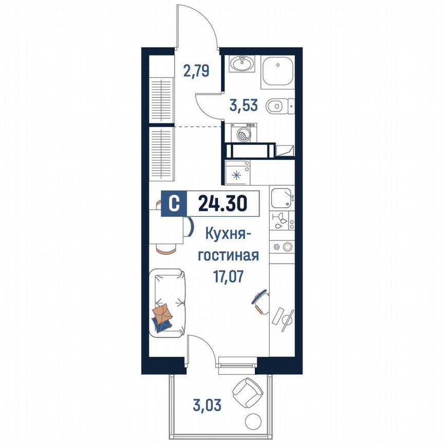 Квартира-студия, 24,3 м², 3/18 эт.