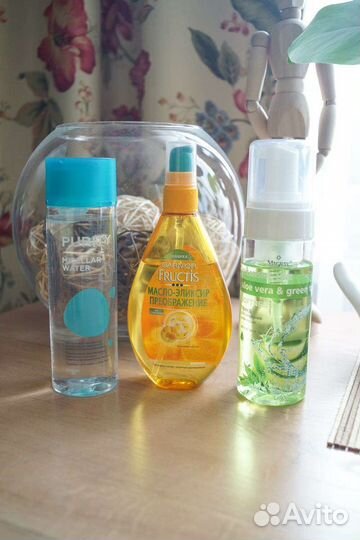 Мицеллярная вода, масло для волос, пенка для лица