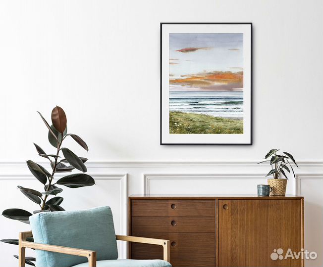 Картина море, морской пейзаж акварель 42 х 30 см