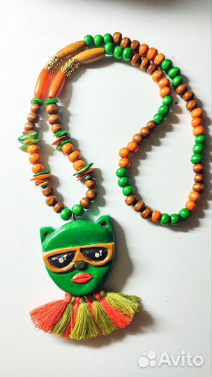 Бусы с кошкой из дерева. Ожерелье. Бохо. Хиппи