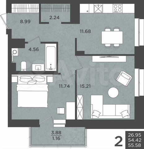 2-к. квартира, 55,6 м², 13/24 эт.