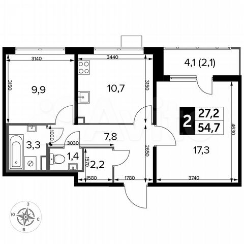 2-к. квартира, 54,7 м², 13/25 эт.