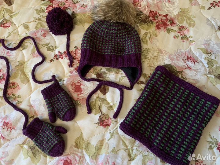 Детский Вязаный комплект, шапка, снуд, варежки
