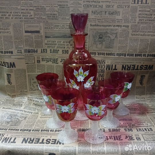 Графин с фужерами из розового Богемского стекла