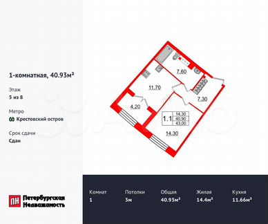 1-к. квартира, 40,9 м², 5/8 эт.