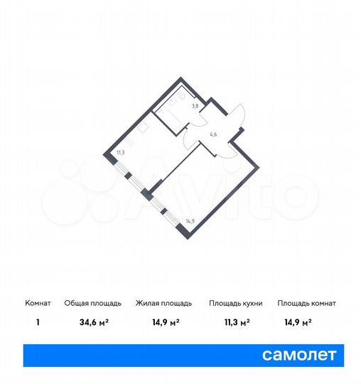 1-к. квартира, 34,6 м², 12/12 эт.