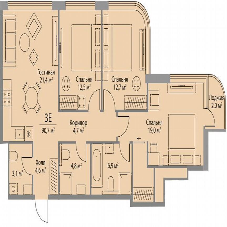 3-к. квартира, 90,7 м², 15/29 эт.
