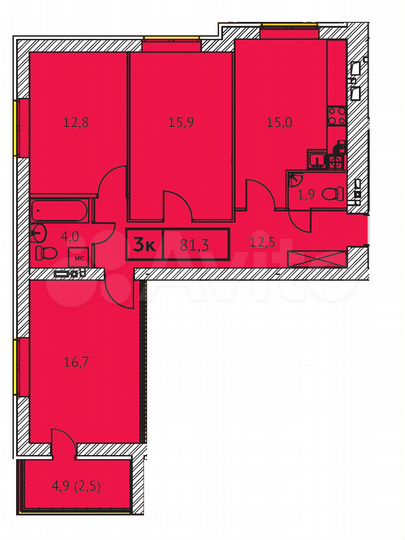 3-к. квартира, 81,3 м², 1/9 эт.