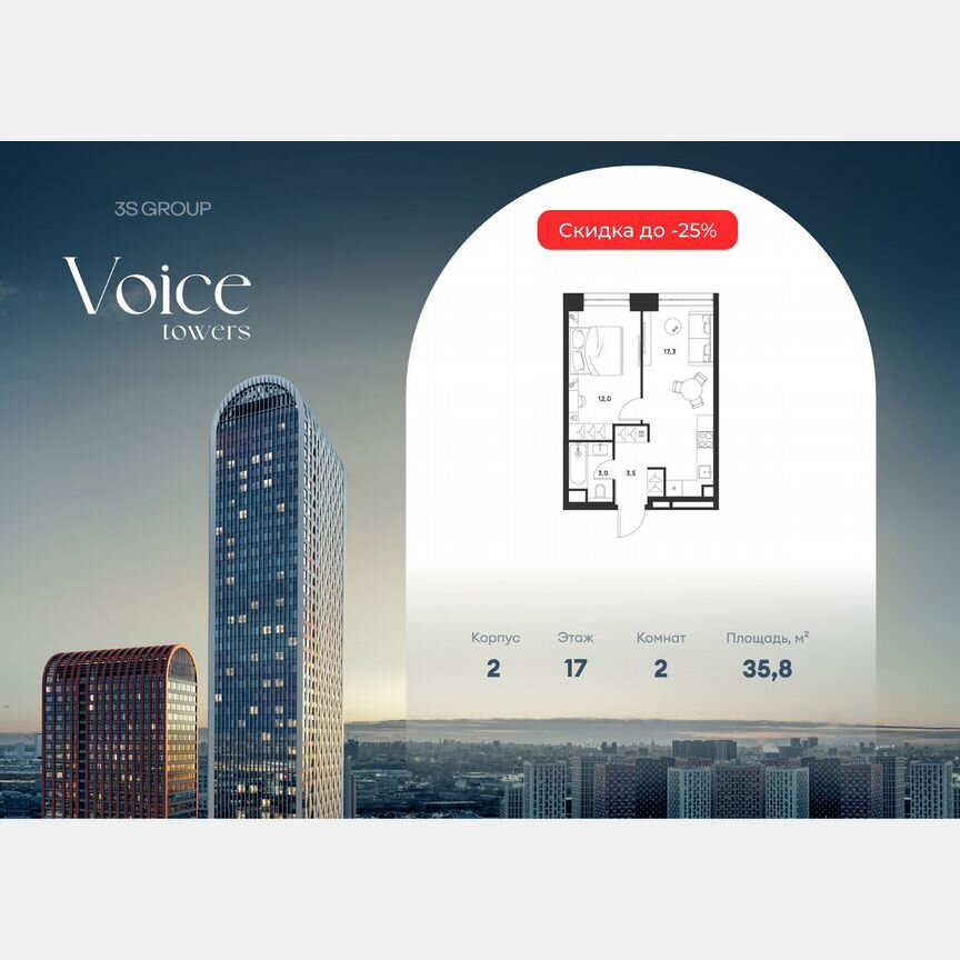 1-к. квартира, 35,8 м², 17/33 эт.