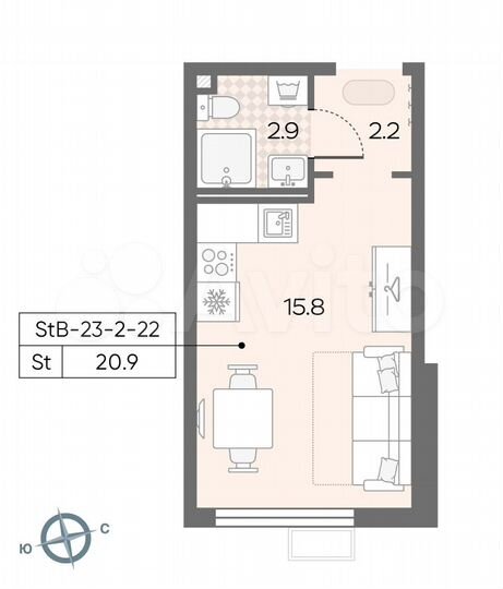 Квартира-студия, 20,9 м², 22/24 эт.