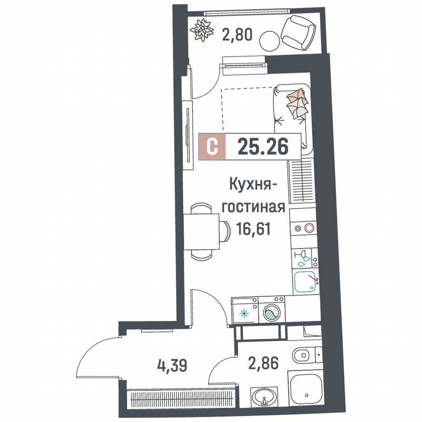 Квартира-студия, 25,3 м², 14/18 эт.