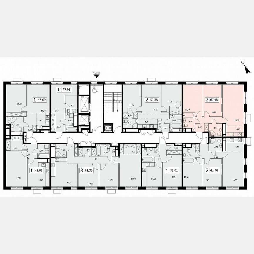 2-к. квартира, 67,5 м², 2/19 эт.