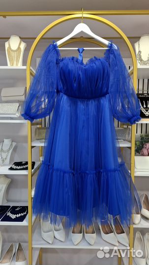 Синее вечернее пышное платье 44 размер