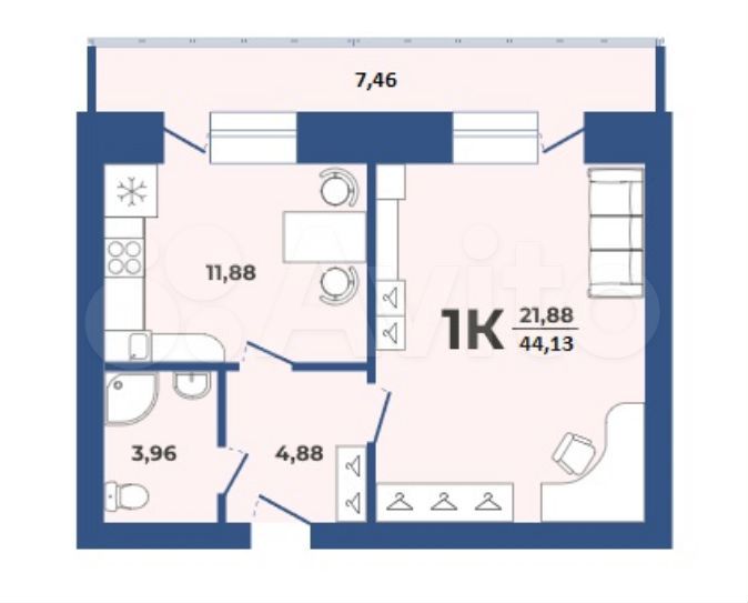 1-к. квартира, 44,1 м², 2/9 эт.