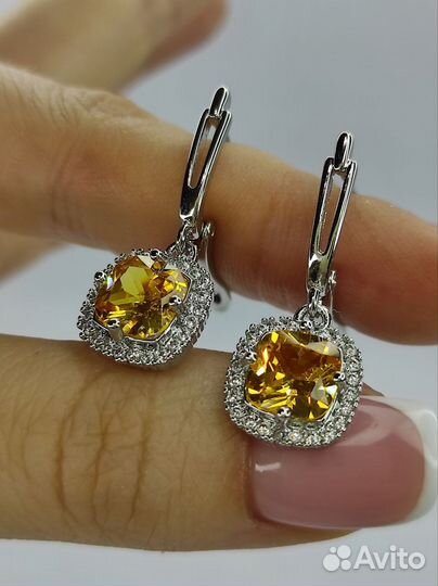 Шикарные серьги под цитрин, родий