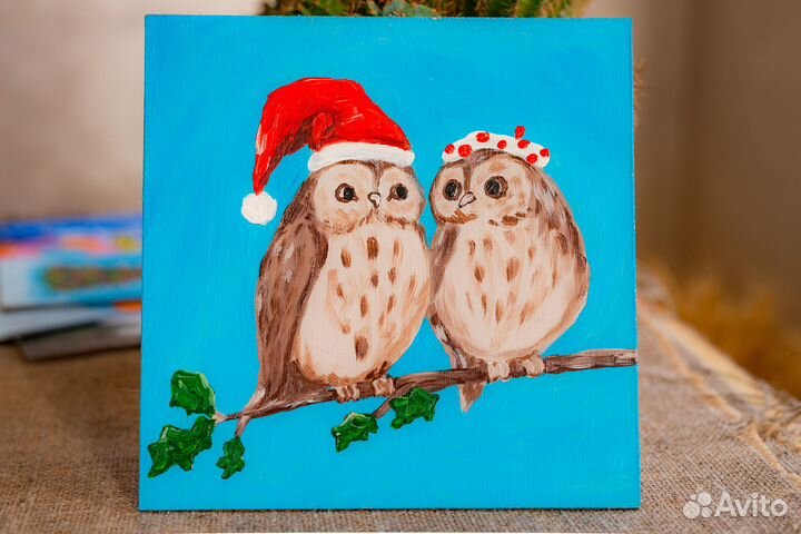 Картина милые совята совы птицы животные зимние