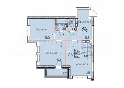 Своб. планировка, 58,9 м², 9/25 эт.