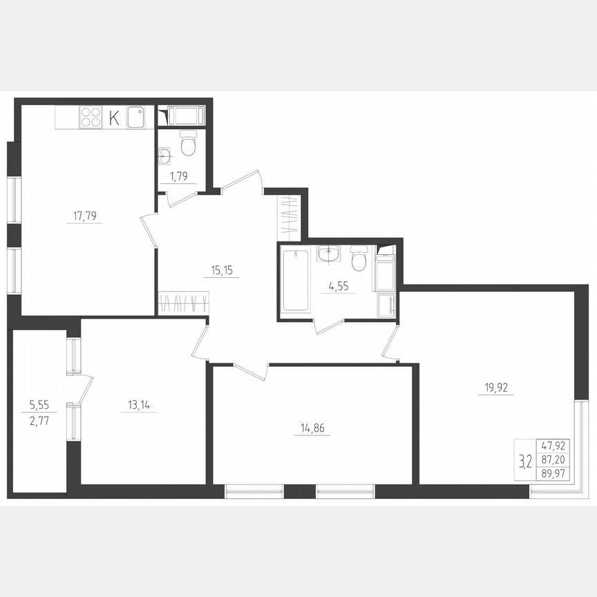 3-к. квартира, 90 м², 4/8 эт.