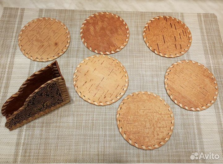 Подставки под кружки и салфетница из бересты