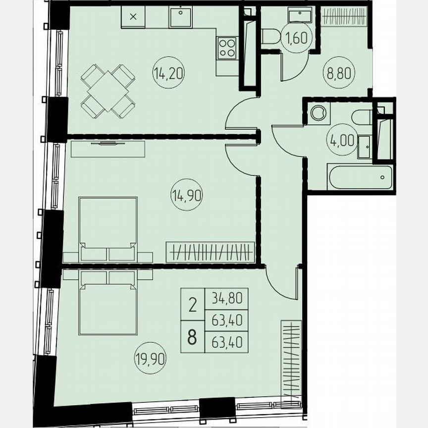 2-к. квартира, 63,4 м², 26/28 эт.