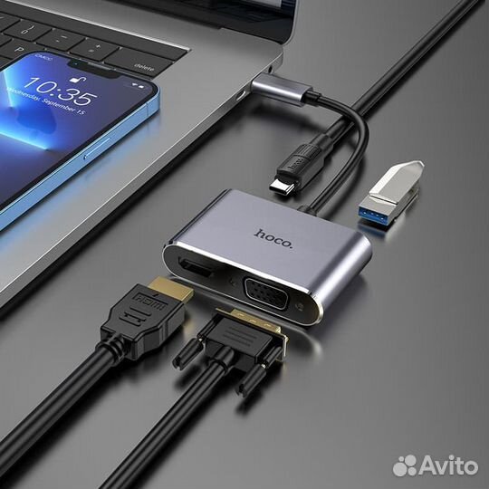 Разветвитель Type-C HUB Хаб hoco HB30 серый металл