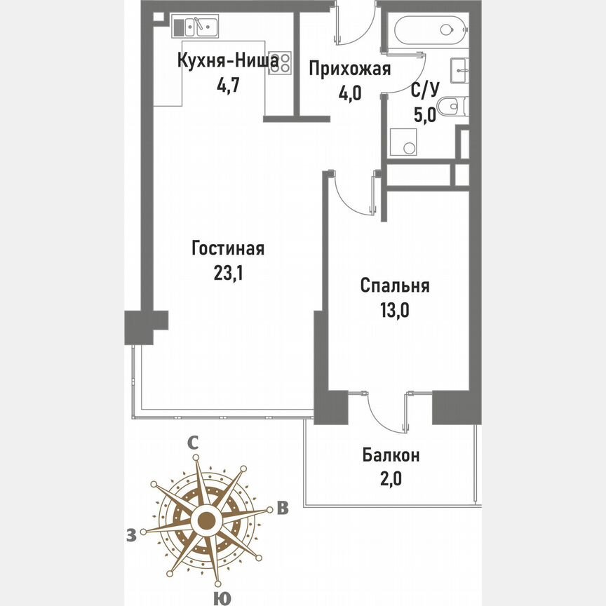 1-к. квартира, 54,4 м², 2/14 эт.