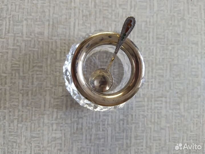 Солонка с ложечкой, хрусталь, серебро 875