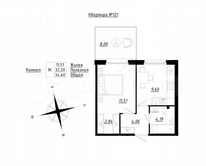 1-к. квартира, 34,6 м², 1/5 эт.