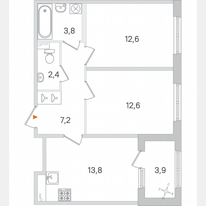 2-к. квартира, 54,4 м², 1/4 эт.