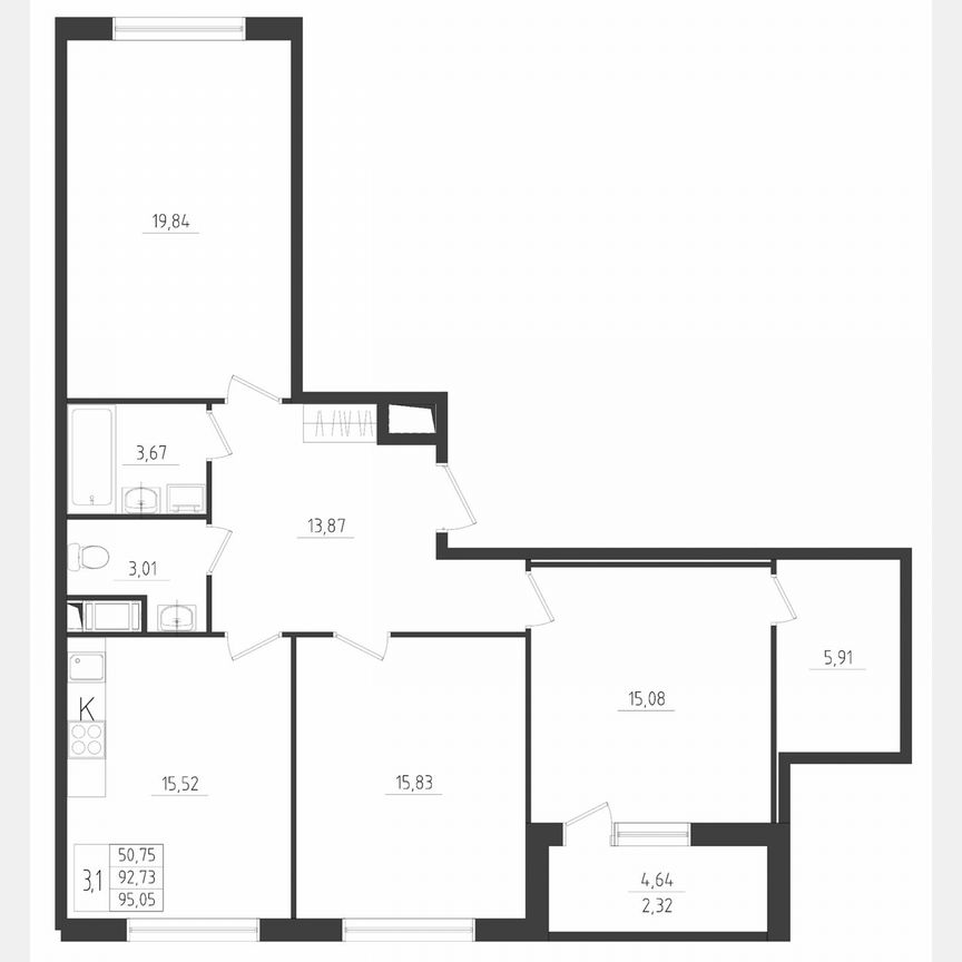 3-к. квартира, 95,1 м², 3/8 эт.
