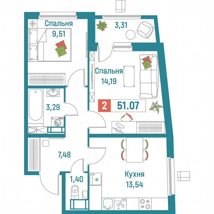 2-к. квартира, 51,1 м², 10/18 эт.