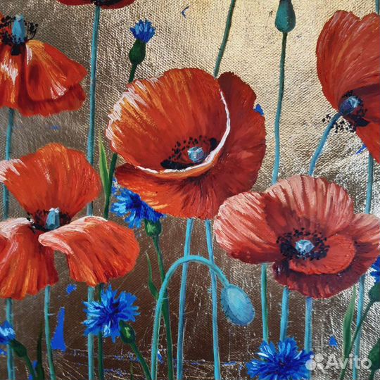 Картина маслом на холсте Красные маки и васильки