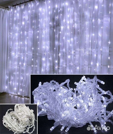 Гирлянда-штора светодиодная 3х3м+удлинитель 3м