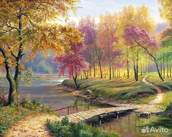 Картина по номерам 40x50 Деревянный мостик через р