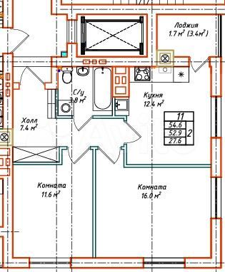 2-к. квартира, 55 м², 3/10 эт.
