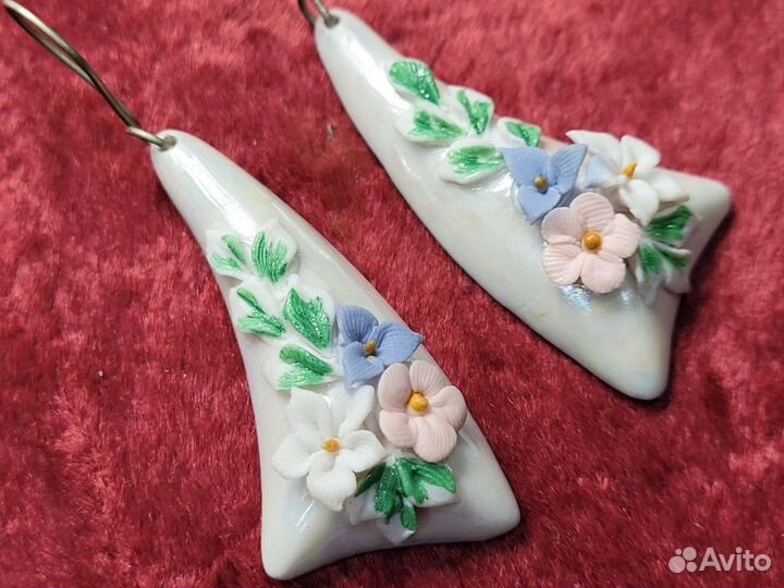 Серьги Цветы лепнина фарфор 47*21 мм