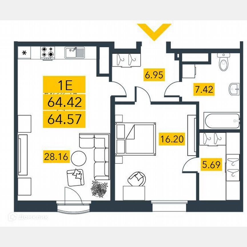 1-к. квартира, 64,7 м², 3/7 эт.