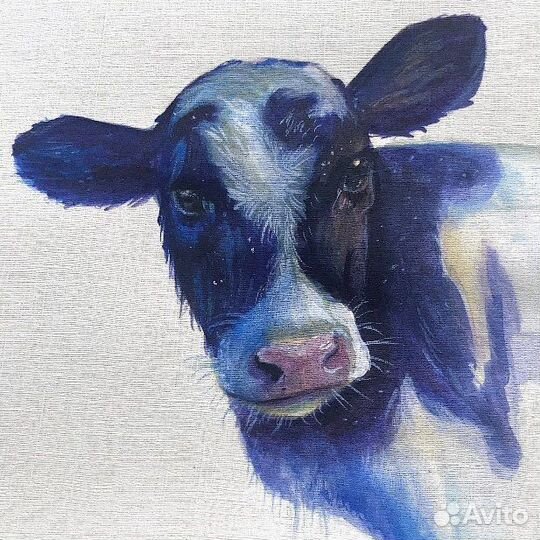 Картина акварель корова в раме