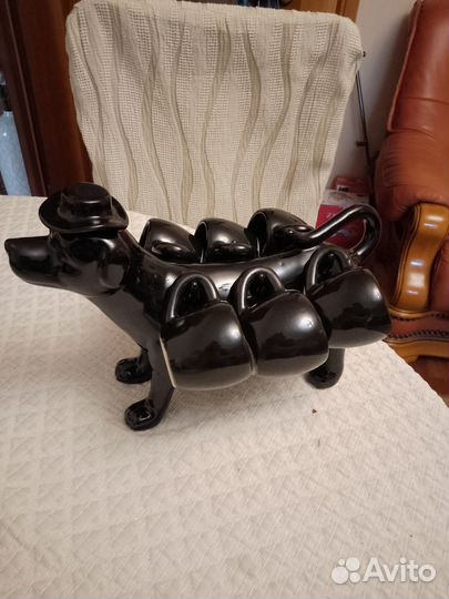 Набор для кофе. Чёрного цвета собачка в шляпке