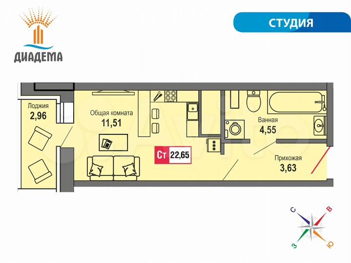 Квартира-студия, 22,7 м², 10/22 эт.