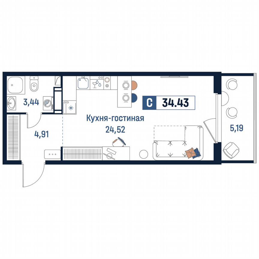 Квартира-студия, 34,4 м², 14/18 эт.